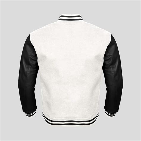 Black Faux Leather Sleeves White Wool Varsity Jacket
