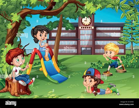 Students Playing In The School Playground Illustration Stock Vector