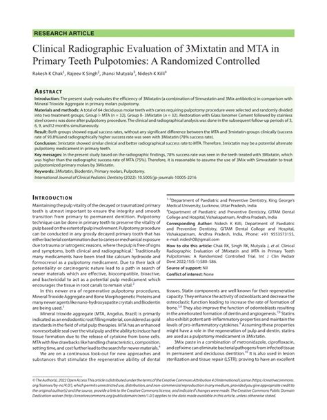 Pdf Clinical Radiographic Evaluation Of 3mixtatin And Mta In Primary