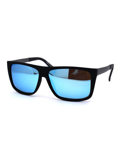 sa106 mens classic polarized flat top mobster rectangular sunglasses matte black blue mirror