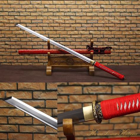 handmade samurai straight sword real katana full tang sharp edge 1045 carbon steel red scabbard