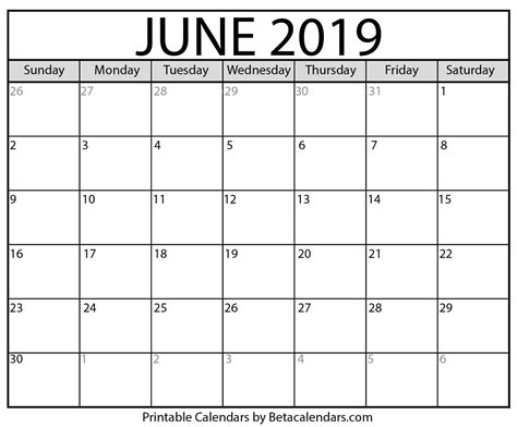 Blank June 2019 Calendar Printable Beta Calendars