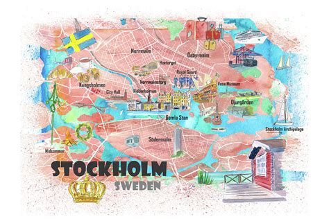 Stockholm Sweden Illustrated Map With Main Roads Landmarks And