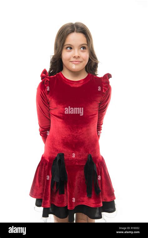 Fashion Concept Kid Adorable Smiling Posing In Red Velvet Dress Kids