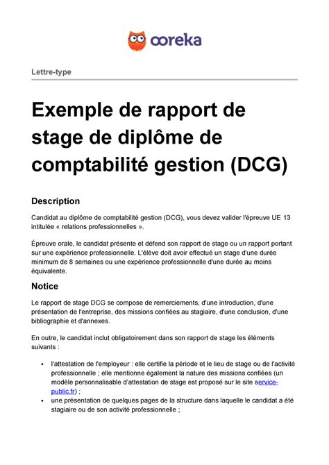 Ooreka Exemple Rapport Stage Comptabilite Gestion Dcg Lettre Type