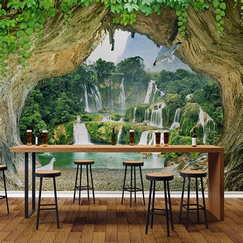Custom Cave Waterfall 3d Stereoscopic Scenery Photo Wall Paper For Living Room Kitchen