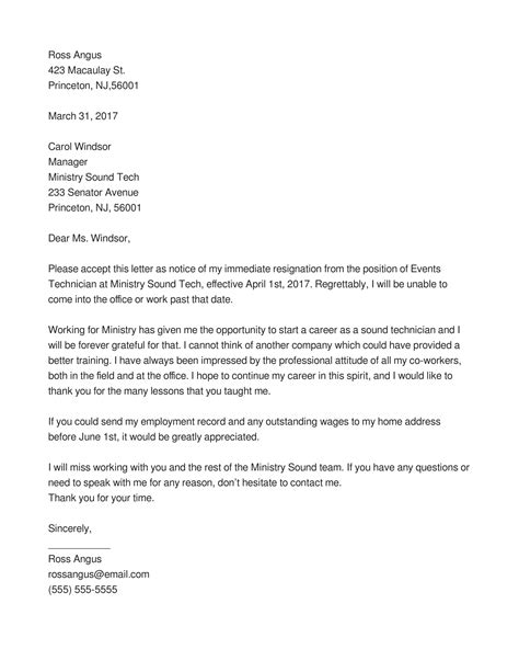 Informal Letter Of Resignation Template Sample Resignation Letter