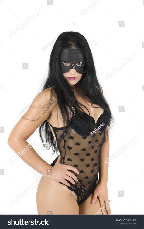 Sexy Woman Dressed In Black Lace Outfit With Hearts And Mask Face Stock