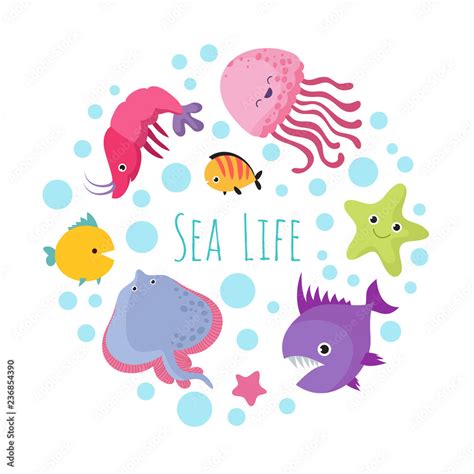 Cute Cartoon Sea Life Animals Isolated On White Background Sea Animal