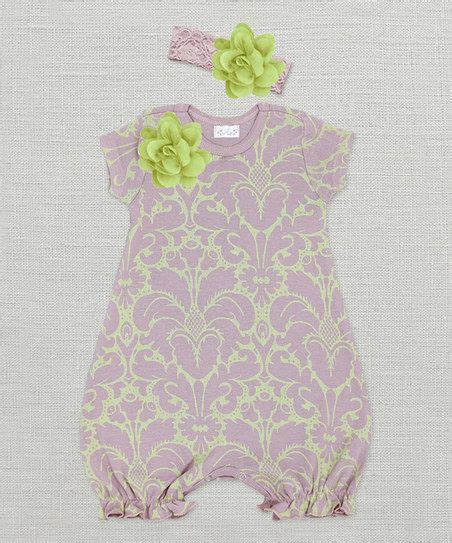 Mauve And Green Flower Bubble Romper And Headband Infant
