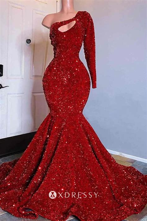 Sparkly Red Sequin One Shoulder Sleeve Prom Dress Xdressy
