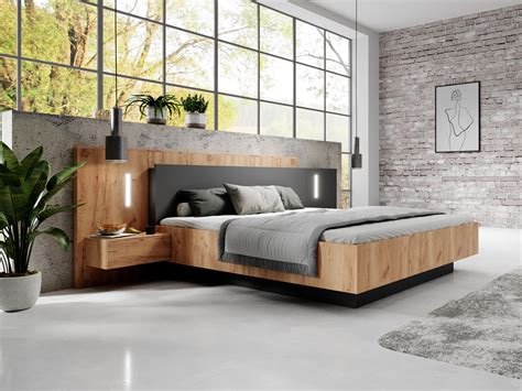 Lit avec chevets avec 2 tiroirs 160 x 200 cm avec LEDs naturel et