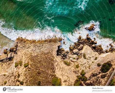 Aerial Panoramic Drone View Of Blue Ocean Waves And Beautiful Sandy