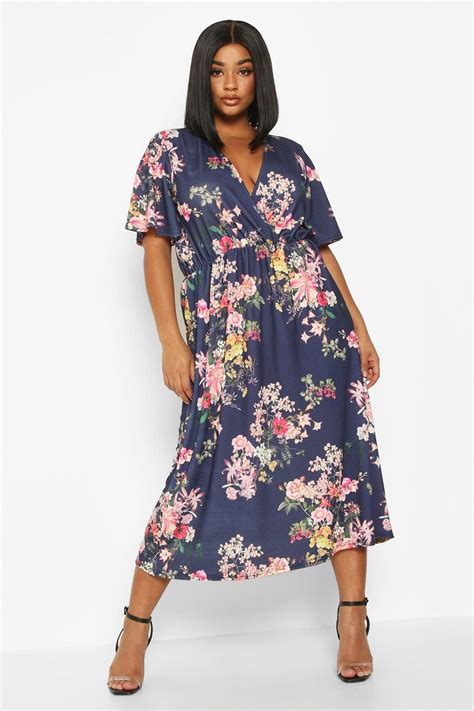 Plus Floral Wrap Flutter Sleeve Midi Dress Midi Dress With Sleeves