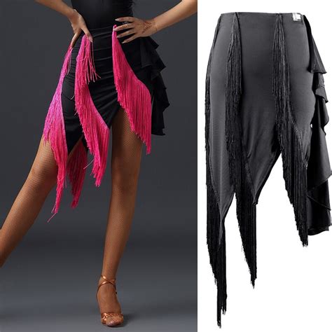 Women Latin Dance Skirt Sexy Split Black Tassel Fringe Skirts Adult