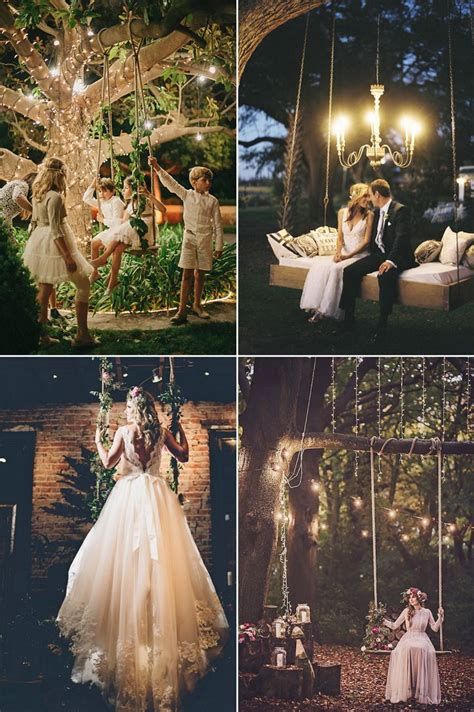 four different pictures of people in wedding dresses on swings and hanging from tree branches
