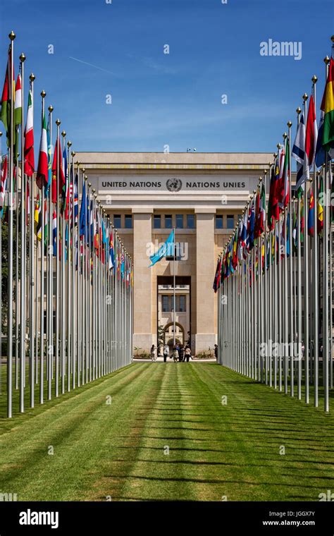 Flagpoles In Front Of United Nations Un Palais Des Nations Geneva
