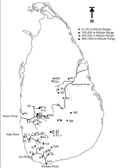 Map Of Sri Lanka Showing Sampling Sites Elevations And Rivers Sampled