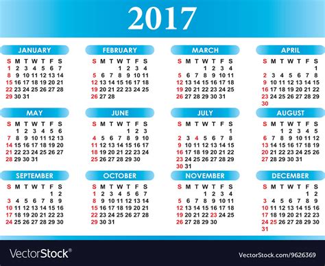Calendar For 2017 In English With Festivities Vector Image