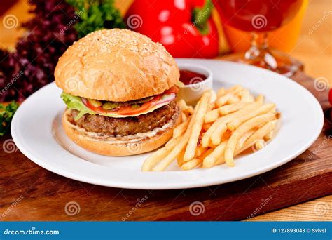Tasty Beef Burger And French Fries On White Plate Stock Image Image