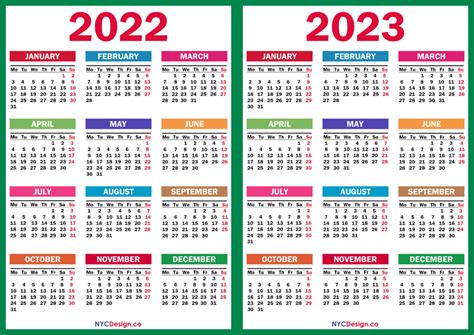 2022 2023 Two Year Calendar Printable Free Colorful Blue Green