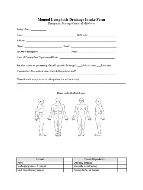 Manual Lymphatic Drainage Intake Form Pdf Edema Massage