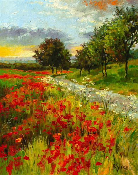 Poppy Fields Modern Impressionistic Landscape Oil Painting T For