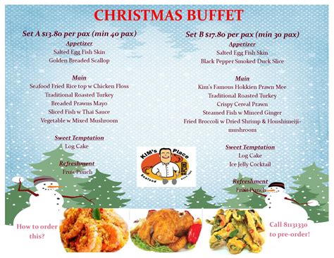 The christmas dinner delivery includes roast potatoes, parsnips, carrots, sprouts, pigs in blankets, stuffing and gravy. Festive Set Menu - Kim's Place Seafood