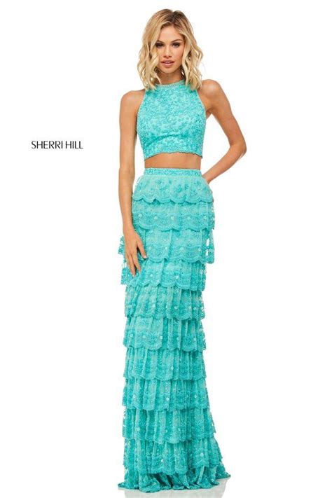 Beaded Embroidered Two Piece With High Neck Top And Open Back And Scalloped Hem Tiered Skirt