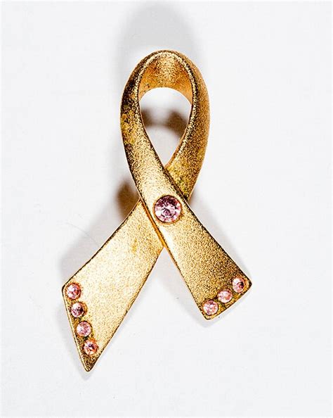 Breast Cancer Awareness Ribbon Lapel Pin Gold Pink Rhinestones