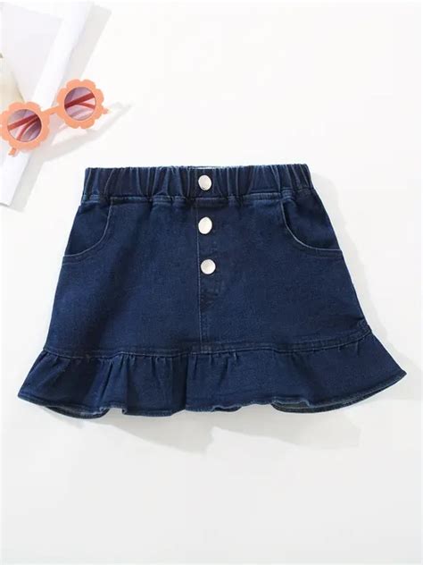Girls Lace Hem Splicing Elastic Waist Denim Pleated Skirt Kids Summer