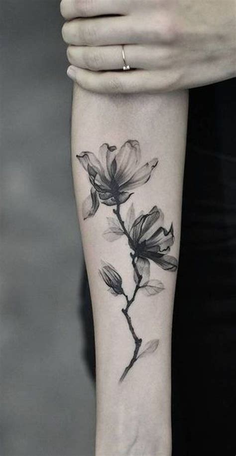 Watercolor Black Magnolia Forearm Tattoo Ideas For Women