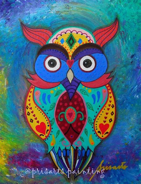 Mexican Folk Art Wise Owl Whimsical Bird Painting Folk Art Flowers