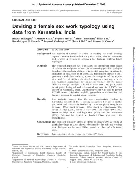 Pdf Devising A Female Sex Work Typology Using Data From Karnataka India Raluca Buzdugan