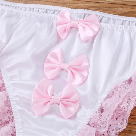 Mens Sissy Feminine Satin Ruffled Lace Panties With Bowknot Briefs