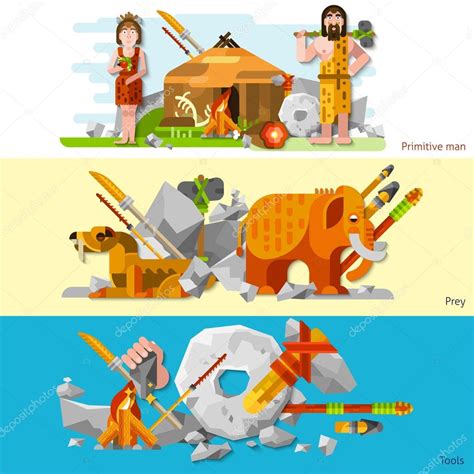 Prehistoric Stone Age Caveman Banners — Stock Vector © Macrovector