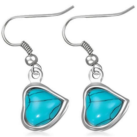 Stainless Steel Silver Tone Blue Turquoise Tone Love Heart Dangle Drop