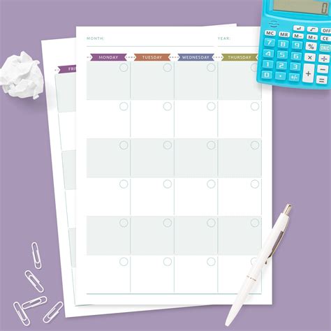 Undated Monthly Calendar Colored Design Template Printable Pdf