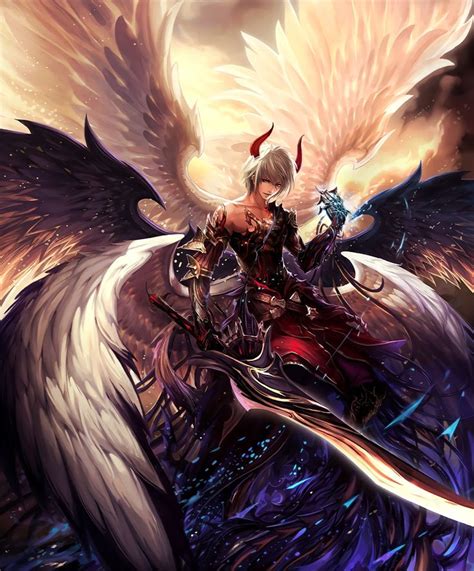 1boy Angelwings Artistrequest Asymmetricalclothes Cygames Dark