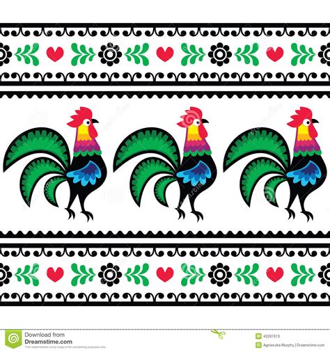 seamless polish folk art pattern with roosters wzory lowickie wycinanka stock illustration