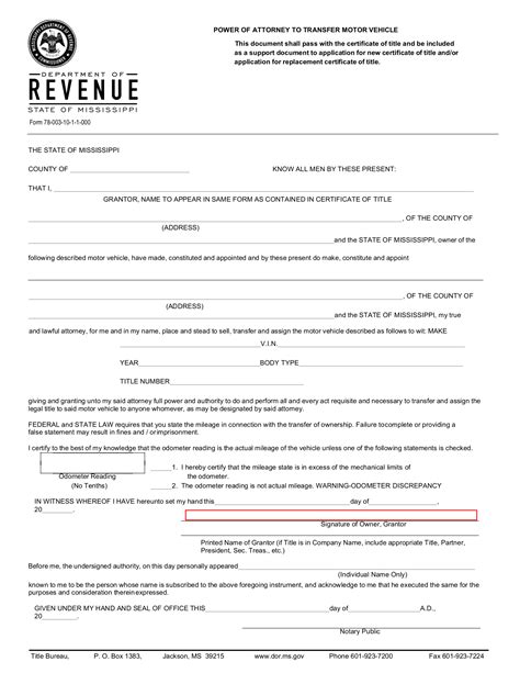 Free Mississippi Motor Vehicle Power Of Attorney Form Pdf Eforms