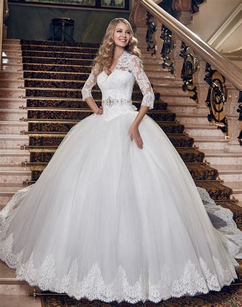 Princess Tulle Long Sleeve Lace Wedding Dresses Ball Gown 2015 China