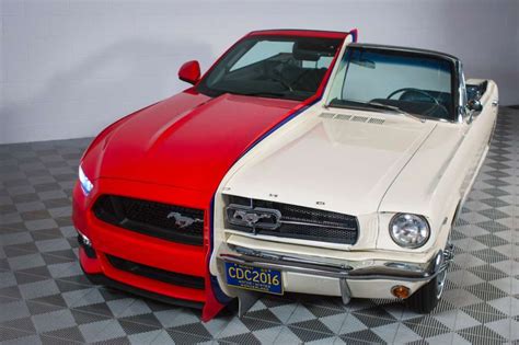 This Side By Side 1965 2015 Ford Mustang Display Showcases 50 Years Of