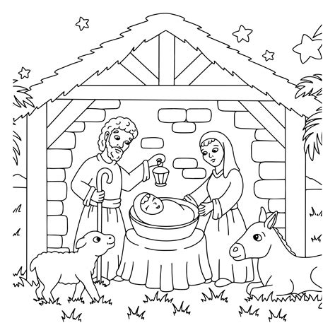 Premium Vector Nativity Scene Coloring Book Page For Kids Cartoon