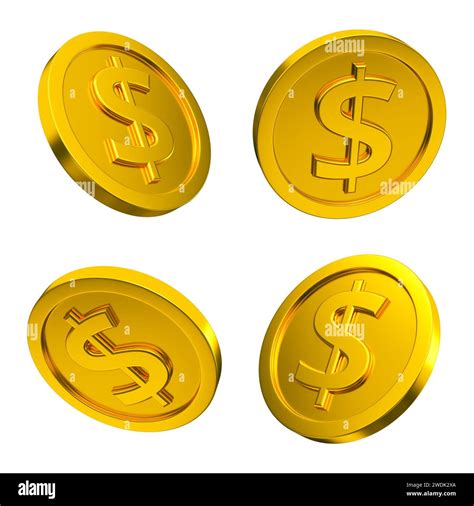 Golden Dollar Sign Four Coins Isolated Currency Money Set Concept 3d