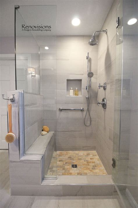 A Completed Master Bathroom Remodel By Renovisions Walk In Shower Shower Seat Shower Cubby