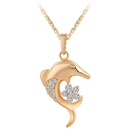 Women Dolphin Shaped Gold Zircon Pendant Necklace Golden In Pendant