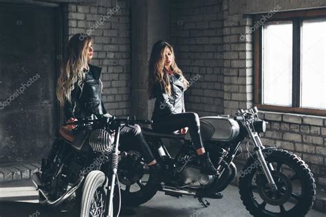 Bikers Women In Leather Jackets With Motorcycles — Stock Photo © Johan