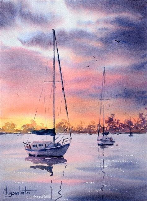 Sunset Boats Watercolor By Chrysovalantou 586×800 Watercolor