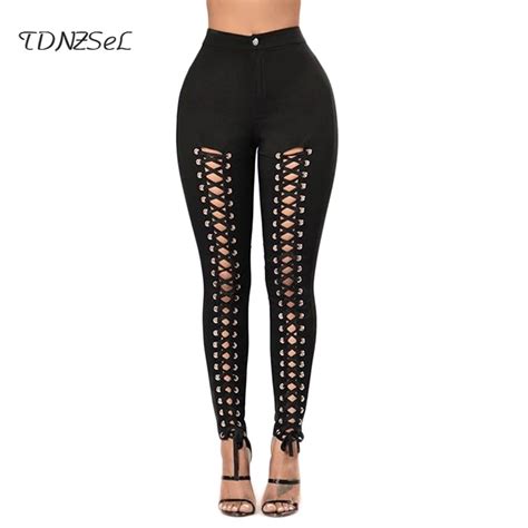 2018 sexy high waist hollow out pencil pants black skinny cross bandage trousersn women ankle
